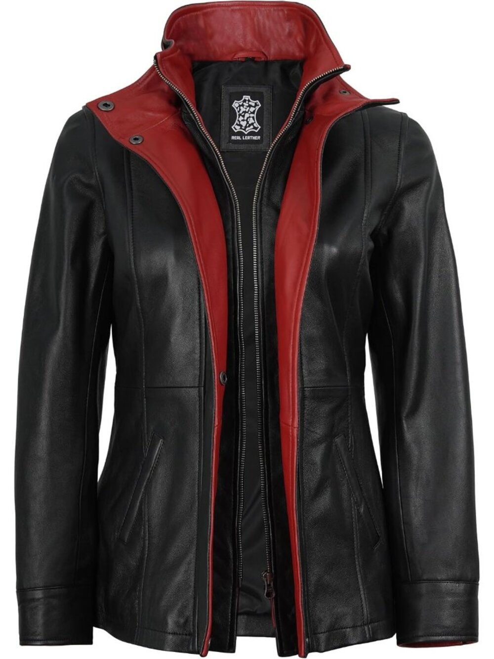 Women’s Black Red Leather Coat Dual Closure Long Jacket Stylish Outerwear